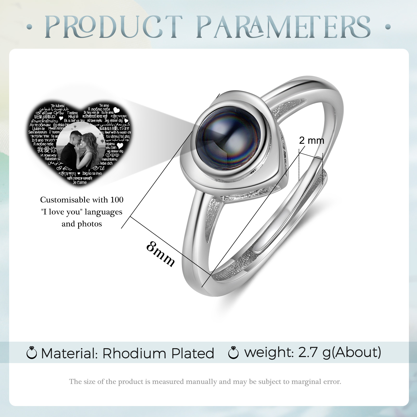 Anillo de corazón con proyección de foto anillo ajustable-Jessemade ES