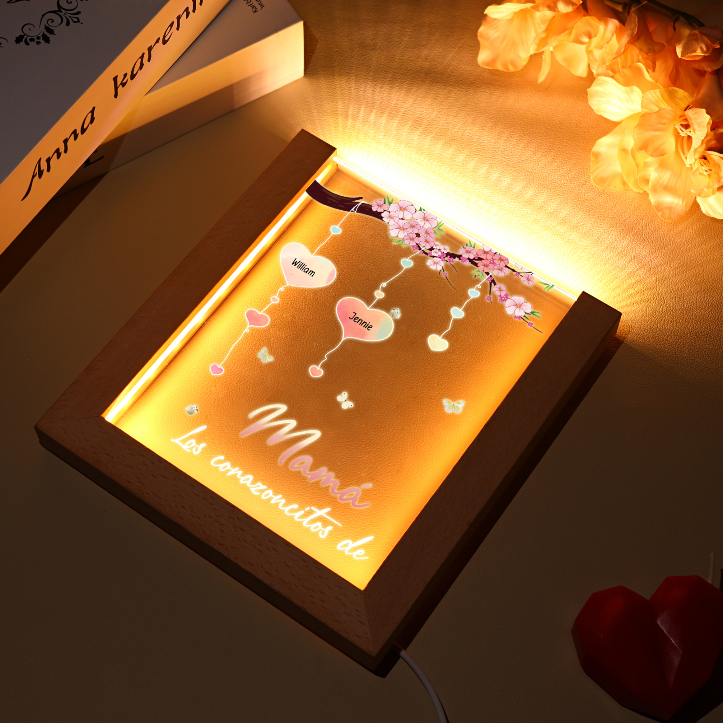 A mi mamá/abuela-Lámpara Personalizada con 2-8 Nombres y Texto "árbol y corazones" 3D Ilusión Luz de Noche-Jessemade ES