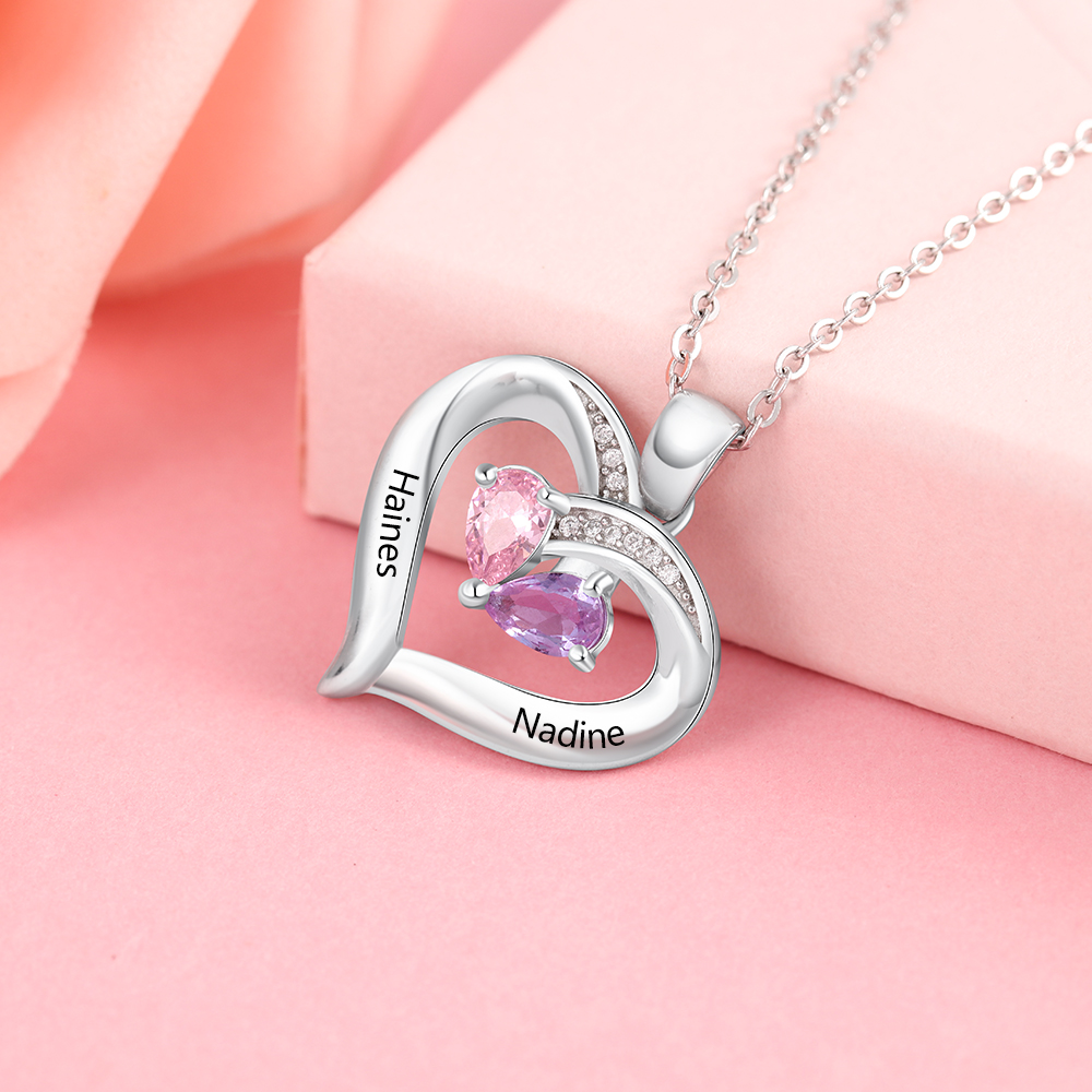 Collar para mujer de corazón 2 nombres y 2 piedras personalizados de plata 925