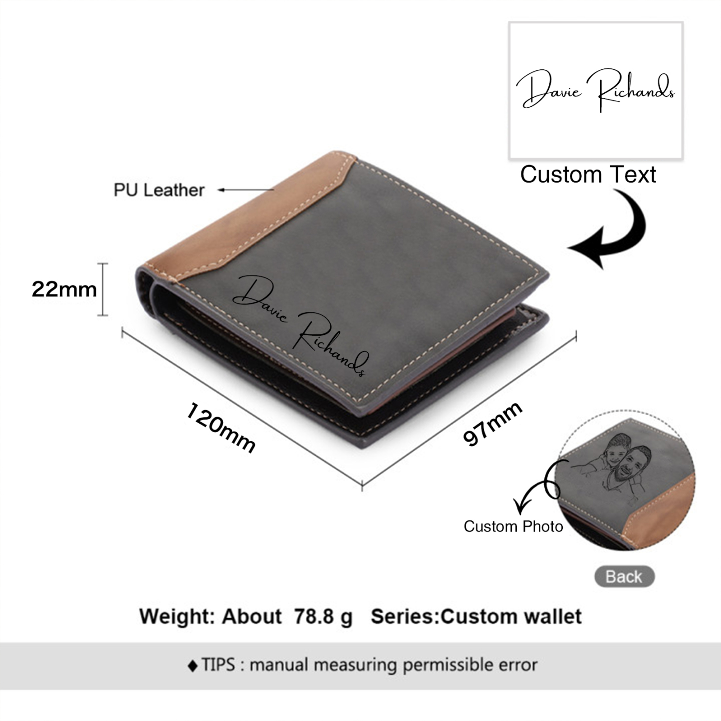 Kit de regalo-Llavero, cartera y bolígrafo con 2 textos personalizados con 2 fotos para hombre-Jessemade ES