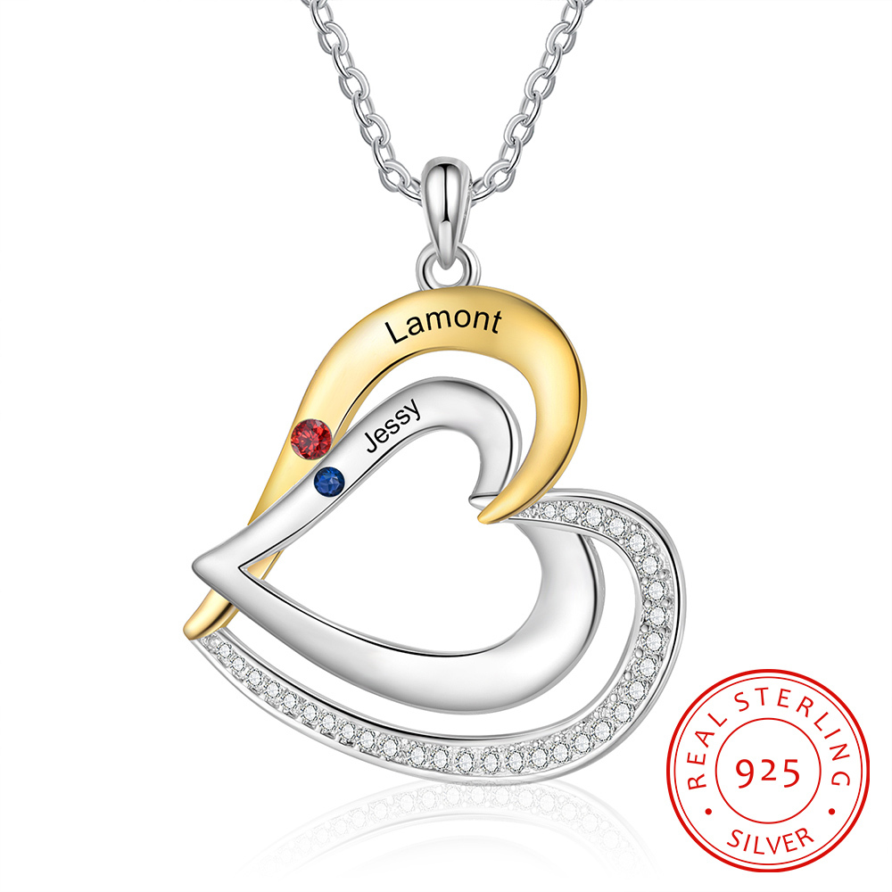 Collar de corazón de plata 925 con 2 nombres y piedras de nacimiento personalizados-Jessemade ES