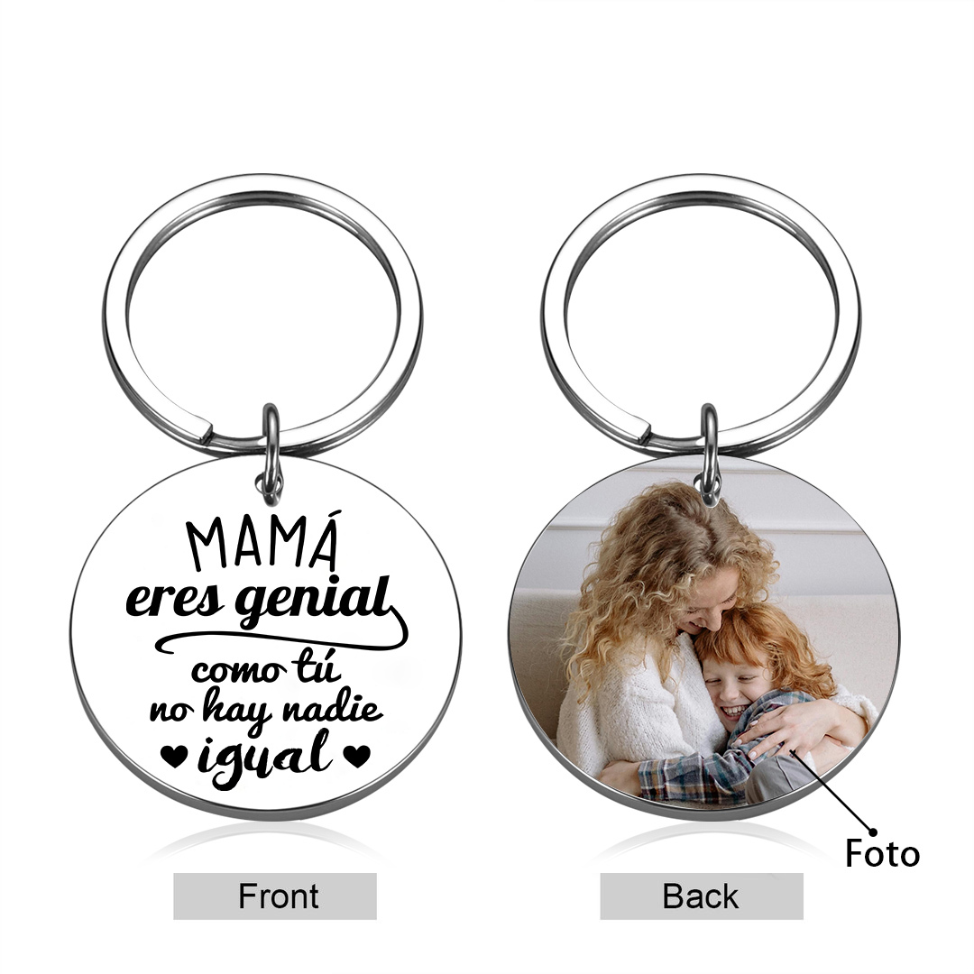 A mi mamá - Llavero de placa redonda "genial mamá" con 1 foto personalizada-Jessemade ES