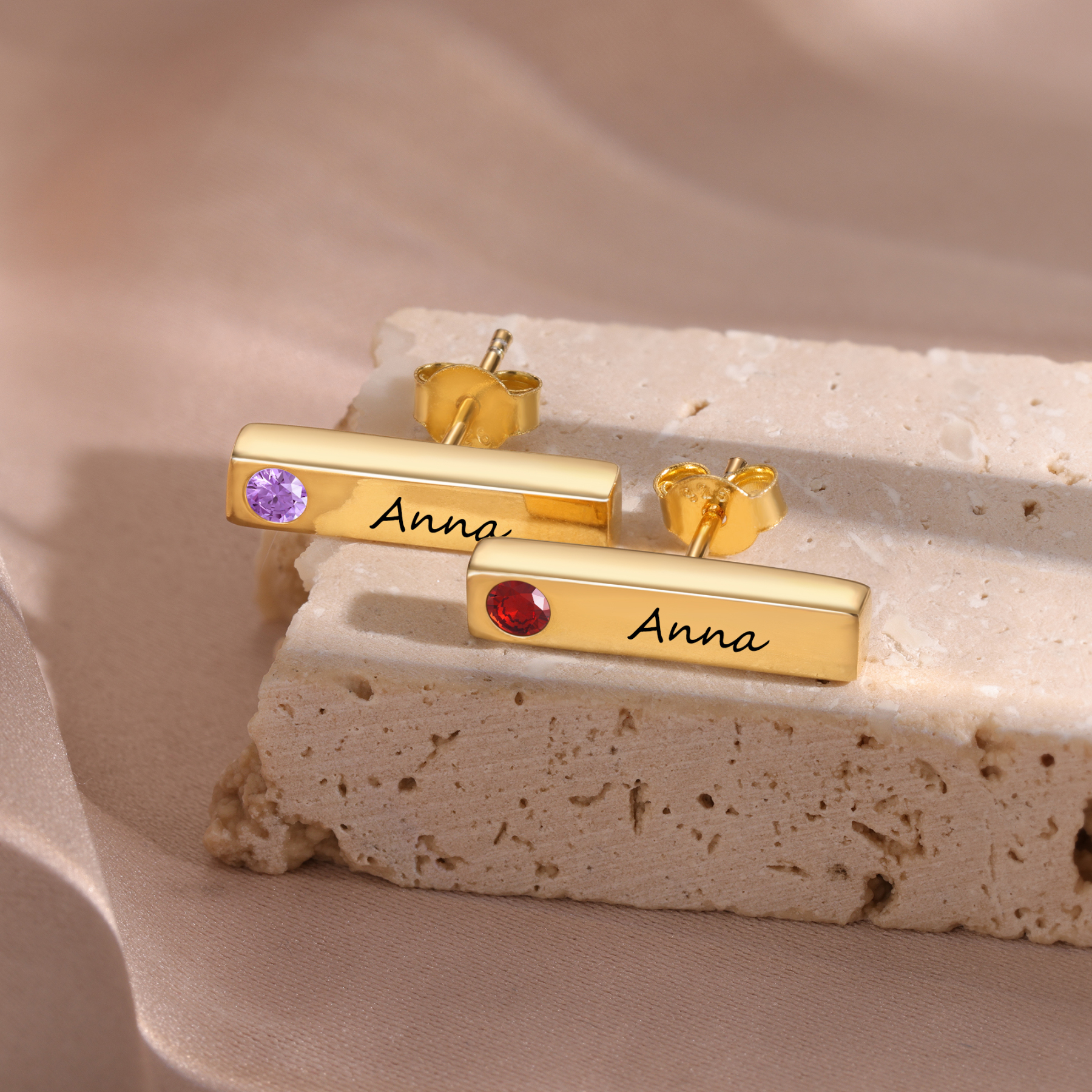 Aretes personalizados con 1 nombre y 2 piedras de nacimiento pendientes-Jessemade ES