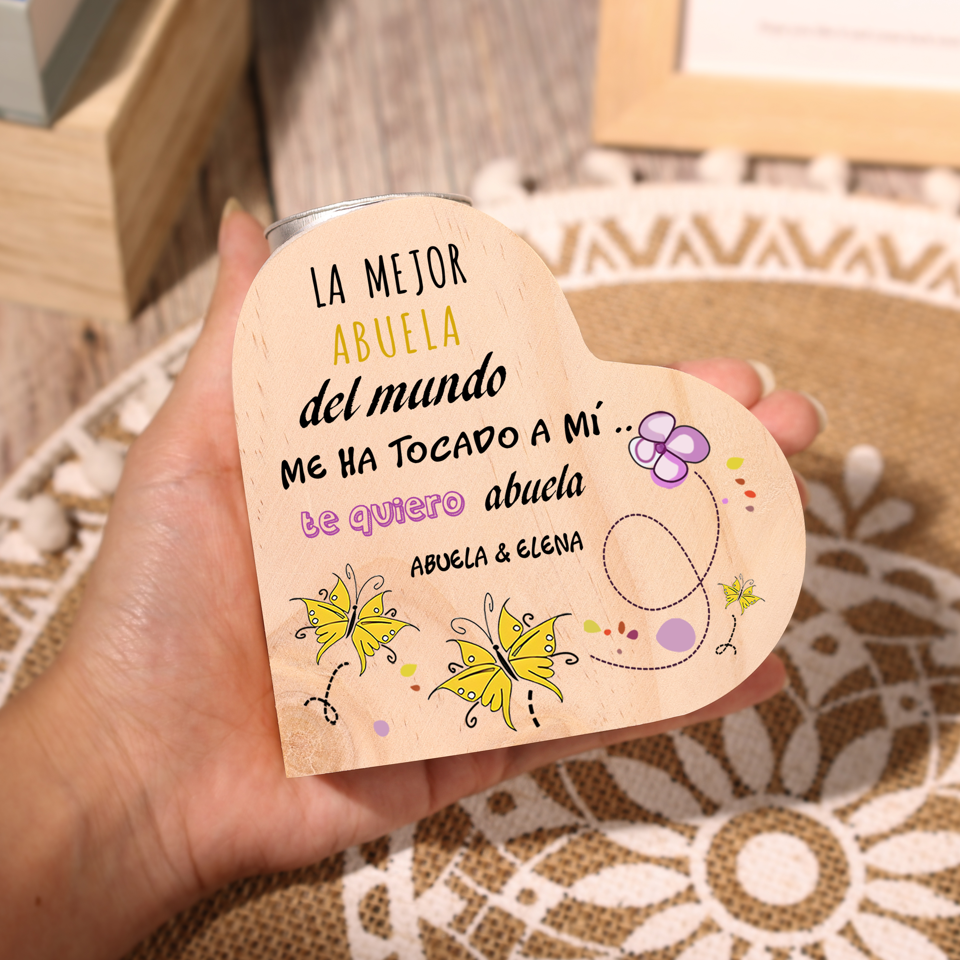 A mi abuela - Candelero de madera sin vela Mariposas 2 nombres personalizados-Jessemade ES
