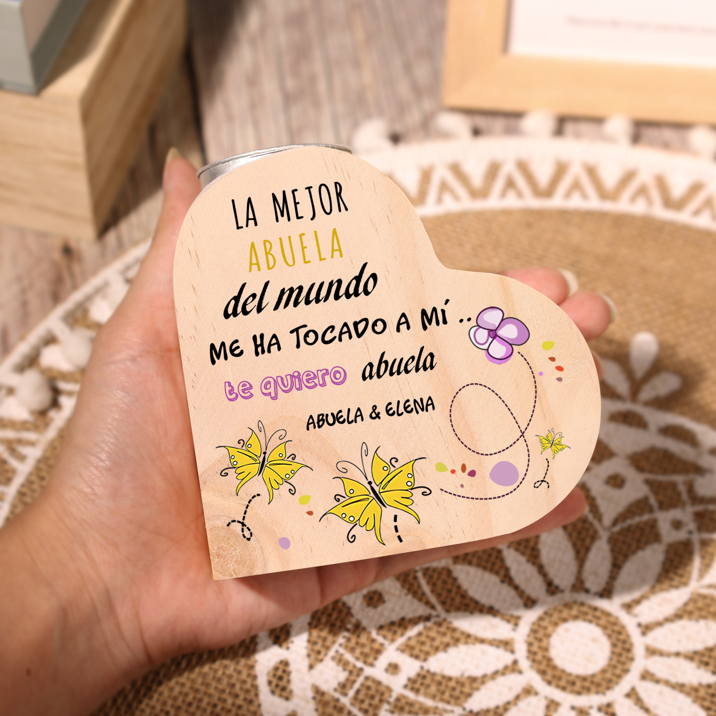 A mi abuela - Candelero de madera sin vela Mariposas 2 nombres personalizados-Jessemade ES