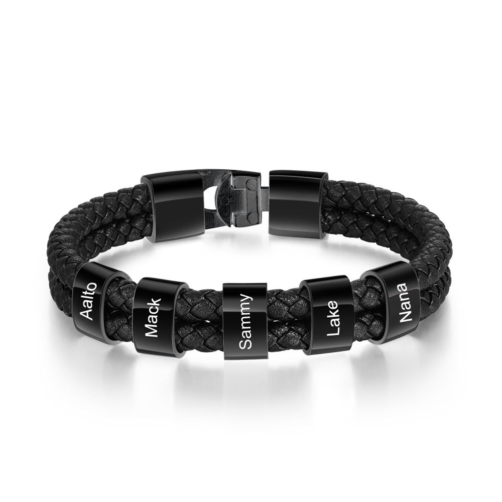 A mi papá-Pulsera de cuero trenzado Pulsera de hombre con 5 aros personalizados con 5 nombres-Jessemade ES