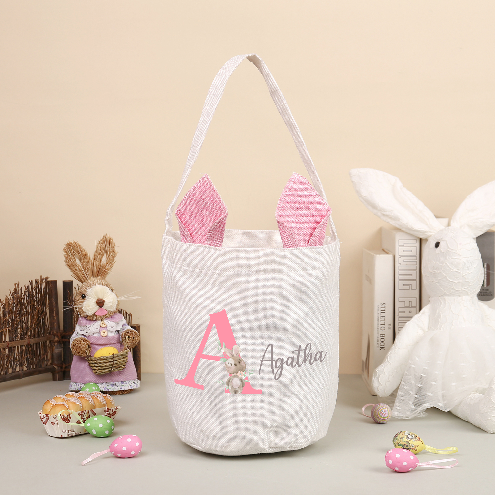 Pascua-Bolsa de conejo con 1 nombre y 1 letra personalizados-Jessemade ES