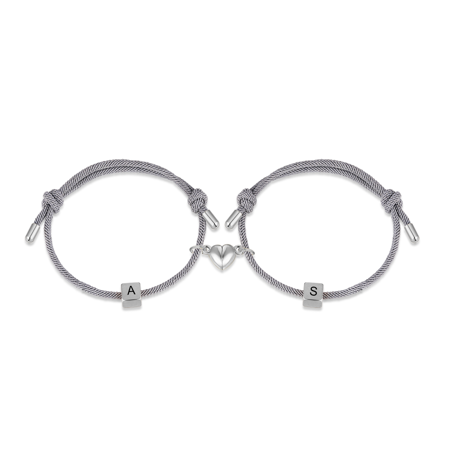 Pulseras de cuerda personalizadas para pareja con dije de corazón magnético grabado de dos letras-Jessemade ES