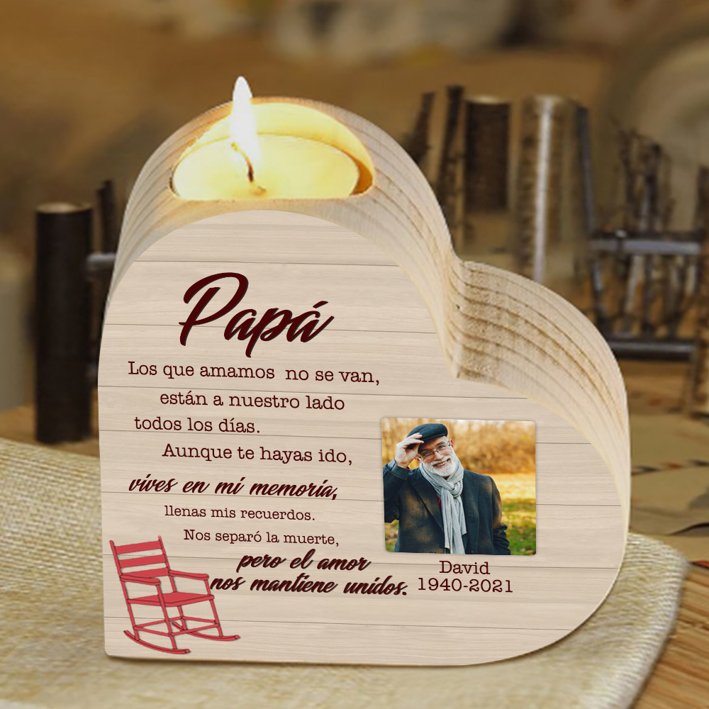 Candelero de corazón en memoria de papá personalizado con nombre, foto y texto de madera sin vela-Jessemade ES