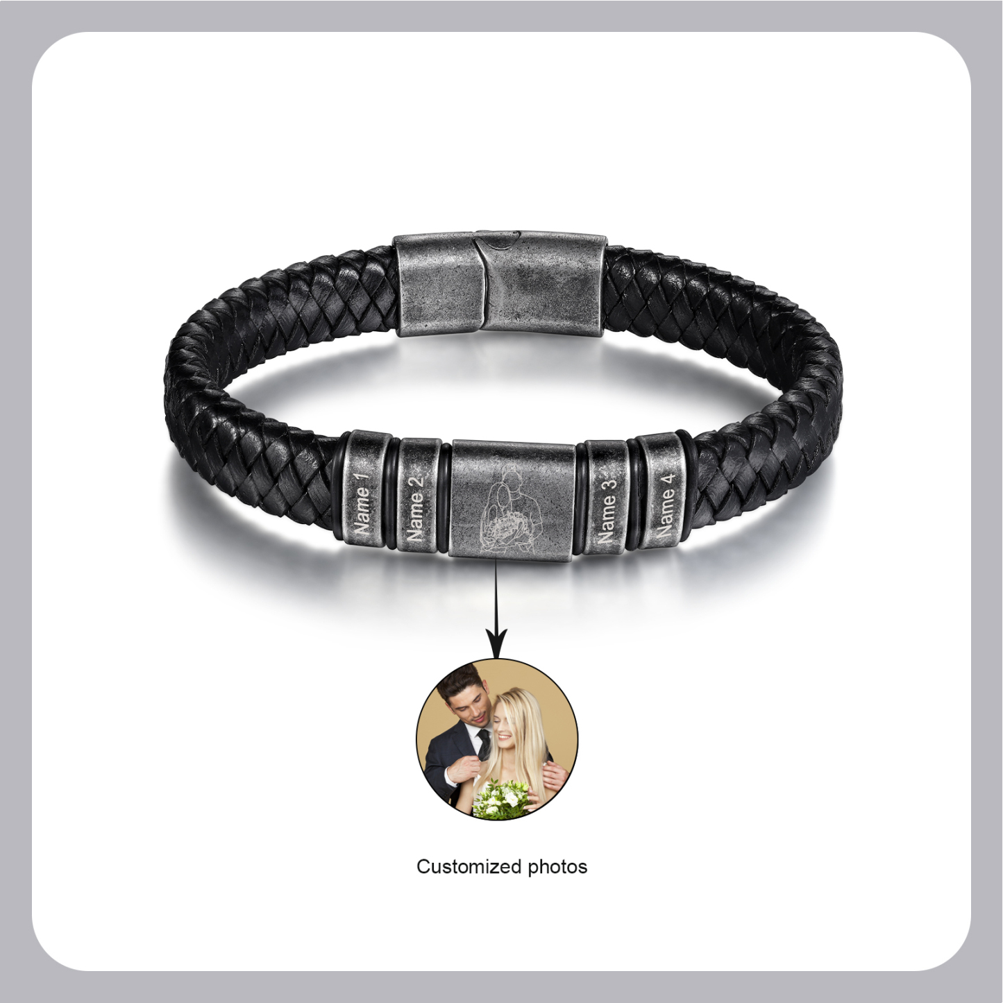 Pulsera 2-5 Nombres en Aros y Foto en Placa Personalizados de Cuero Trenzado
