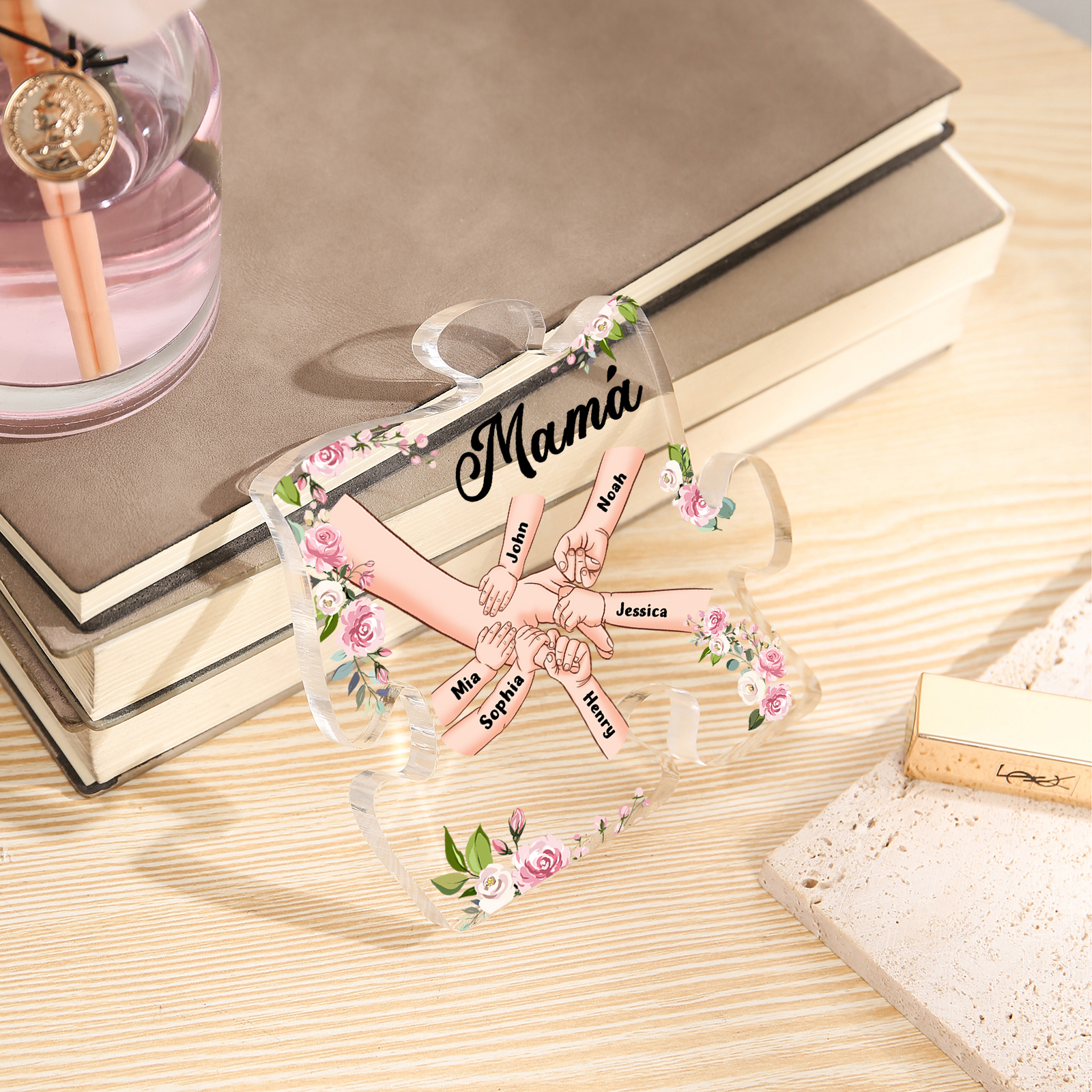 A mi mamá/abuela-Placa de acrílico en forma de corazón mano a mano con 1 texto y 6 nombres personalizados | Jessemade