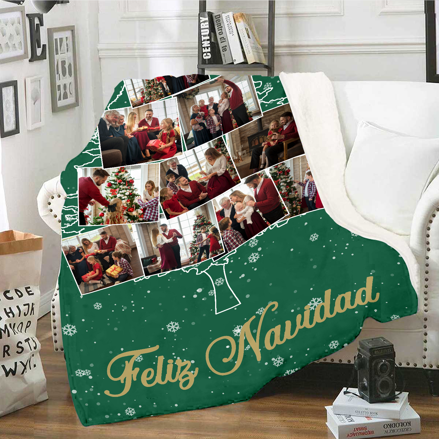 Manta de buen calidad de Navidad personalizada con 10 fotos-Jessemade ES
