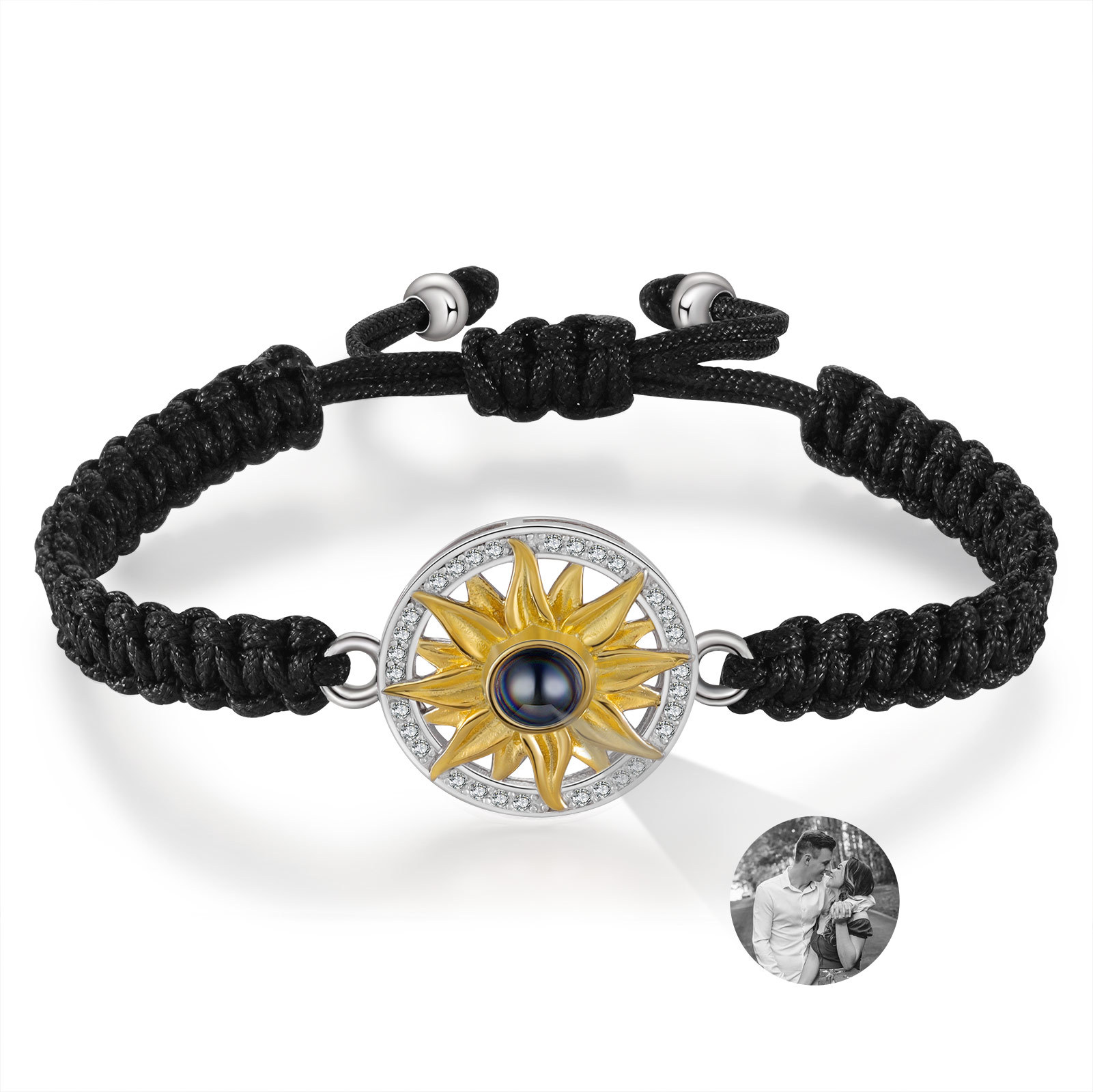 Pulsera con proyección de foto con dije de girasol cuerda negra-Jessemade ES