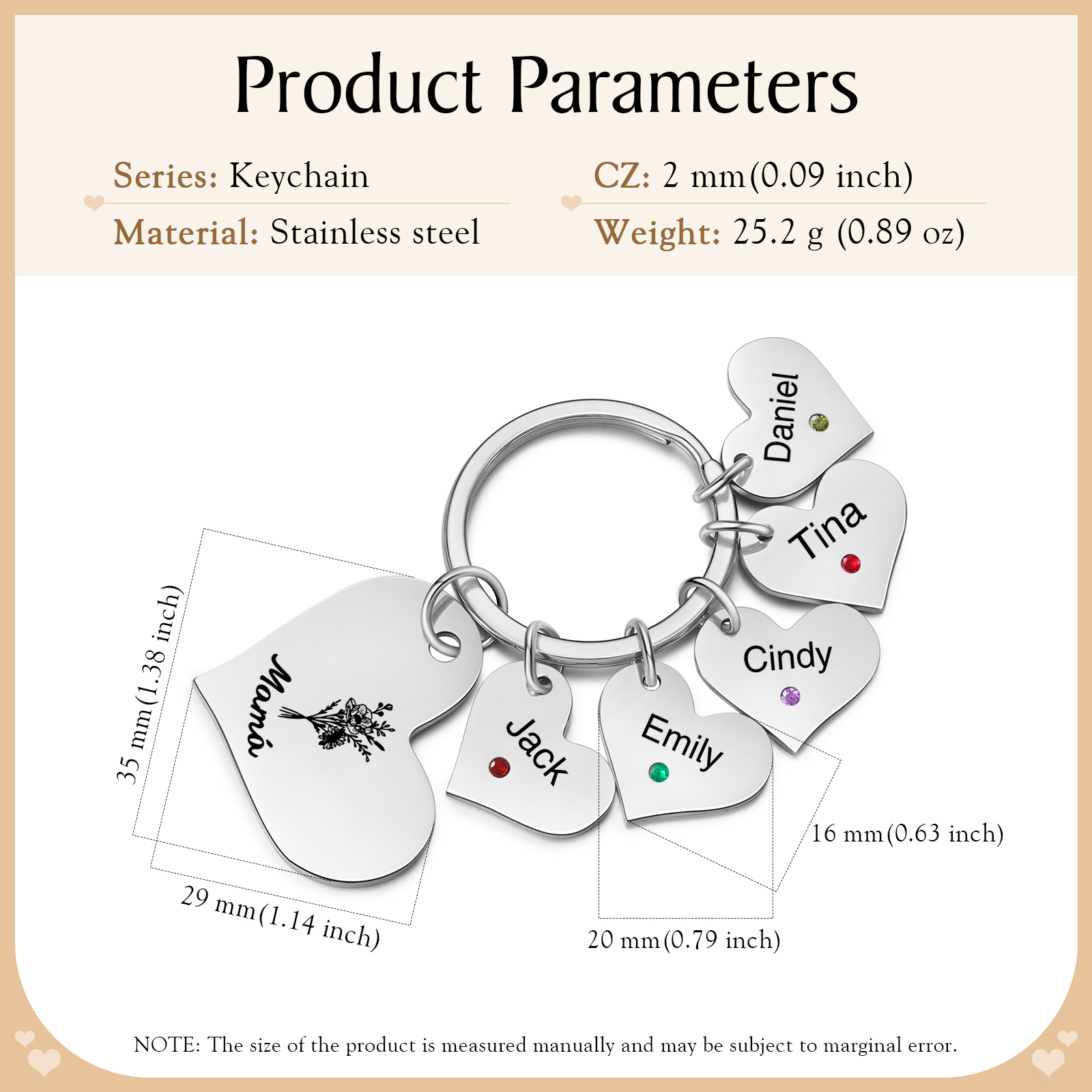 A mi mamá/abuela - Llavero con 5 nombres y piedras de nacimiento personalizados en corazones con texto y flor-Jessemade ES