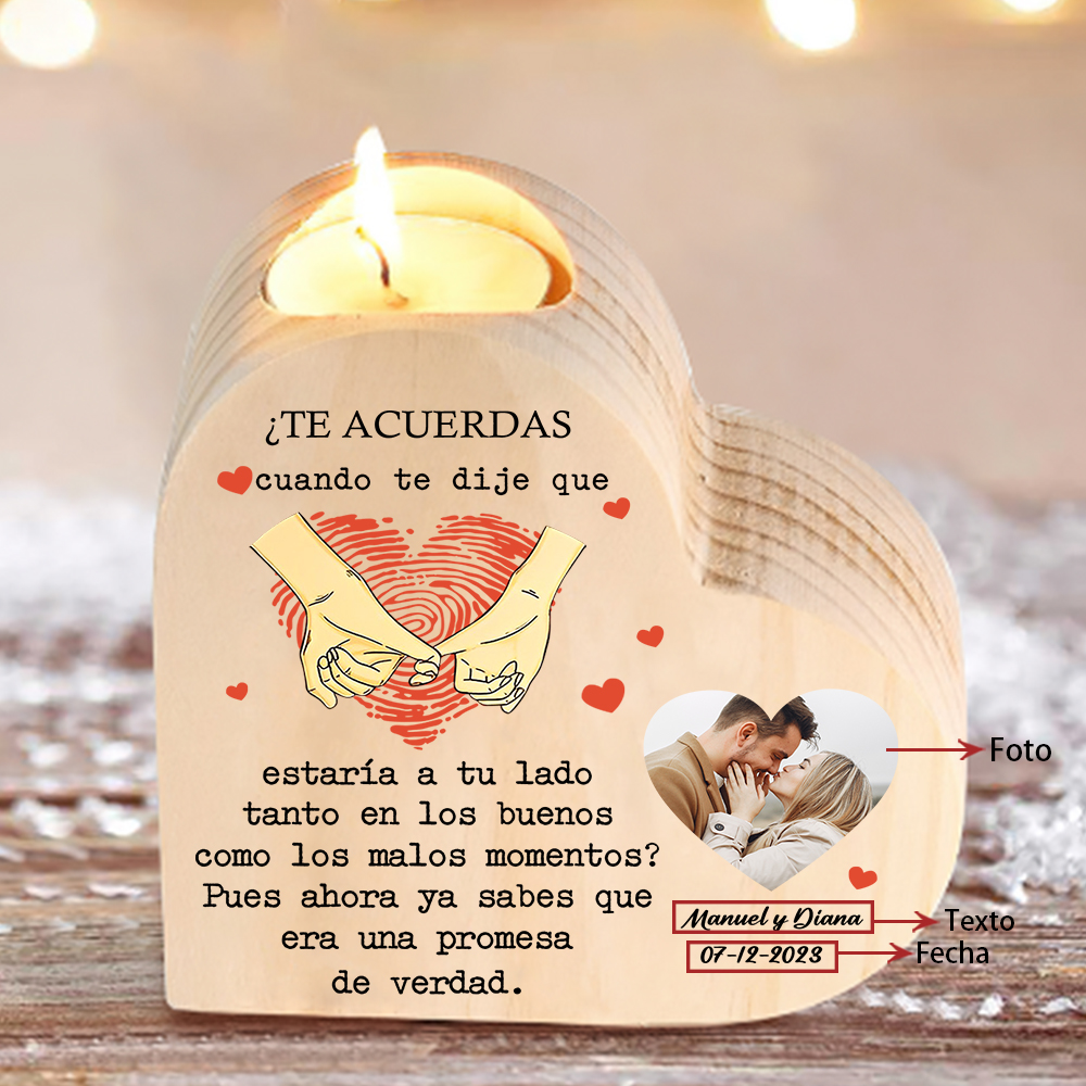 Candelero de madera dedos cogidos para pareja sin vela personalizado con texto, fecha y foto-Jessemade ES