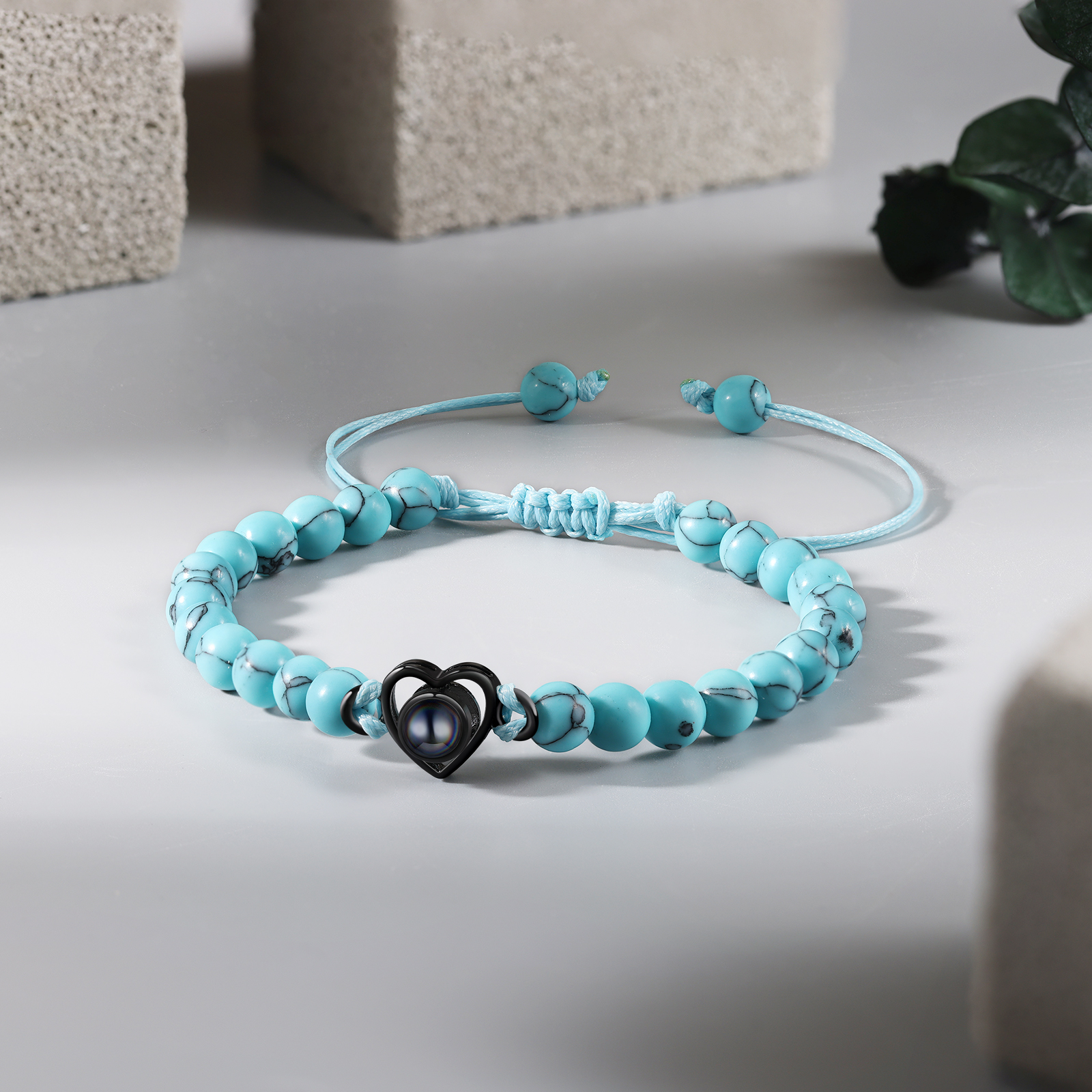 Pulsera de turquesa verde sintética con proyección de foto en color con dije de corazón pulsera ajustable-Jessemade ES