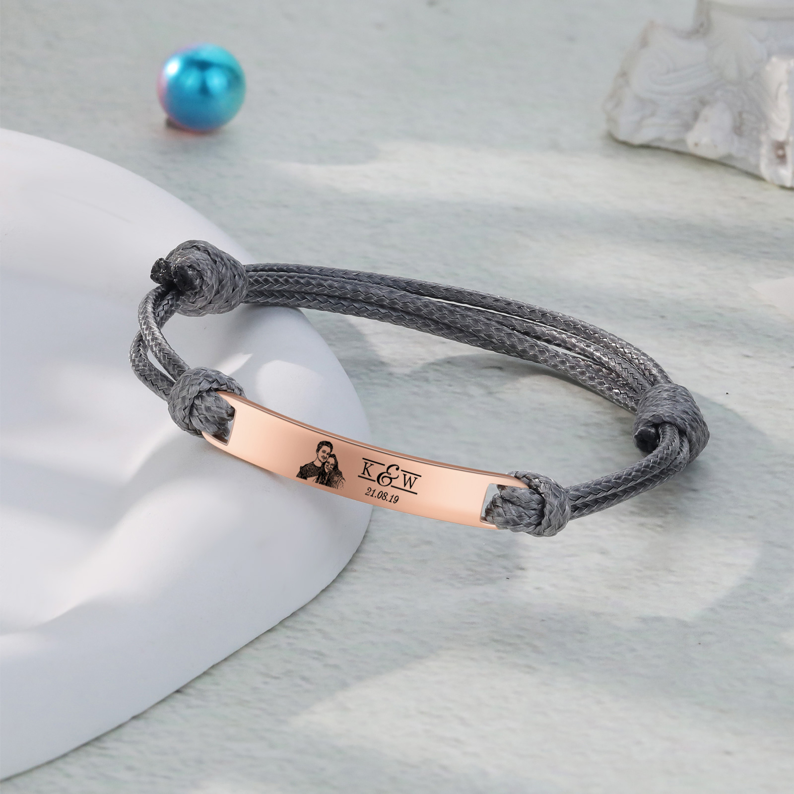 Pulseras de cuerda con placa personalizada con 2 letras, fecha y foto-Jessemade ES