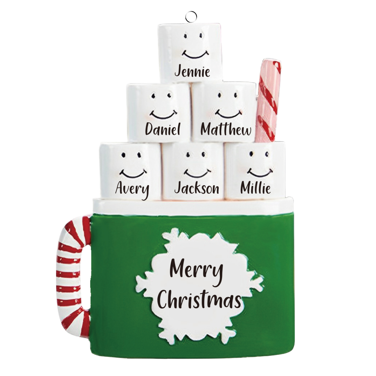 Navidad-Ornamento muñecos navideño de madera taza 6 nombres y 1 texto personalizados adorno del árbol-Jessemade ES