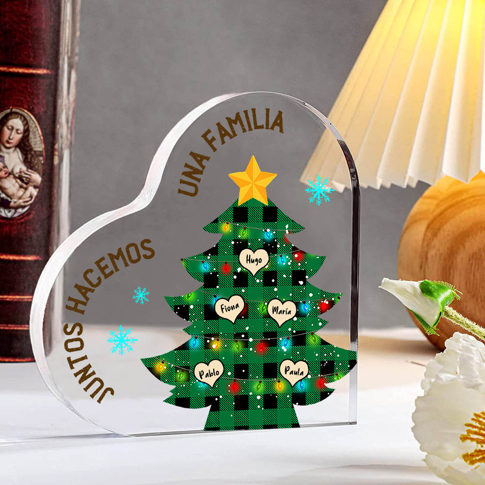 Navidad - Placa de acrílico en forma de corazón árbol con luces con 5 nombres personalizados-Jessemade ES