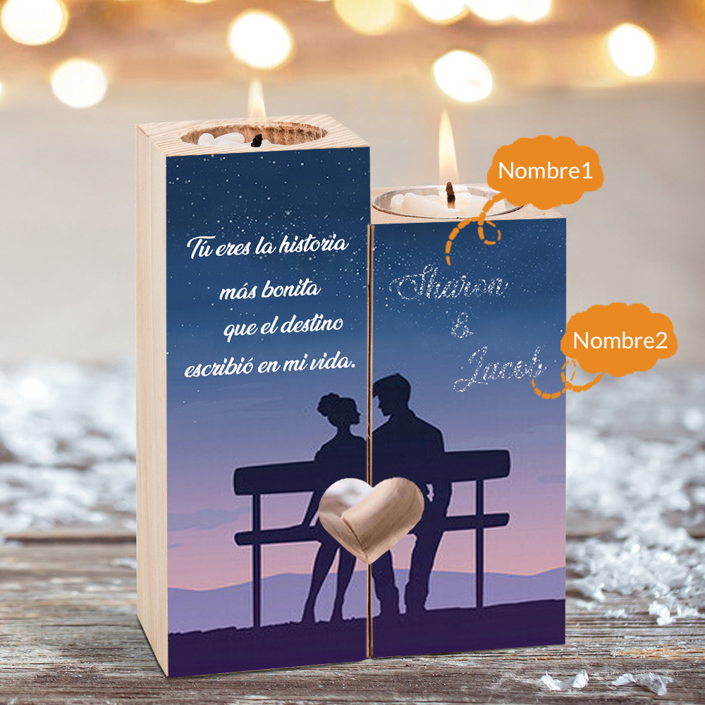 Candelero para pareja de madera de dos piezas sin candela con 2 nombres personalizados-Jessemade ES