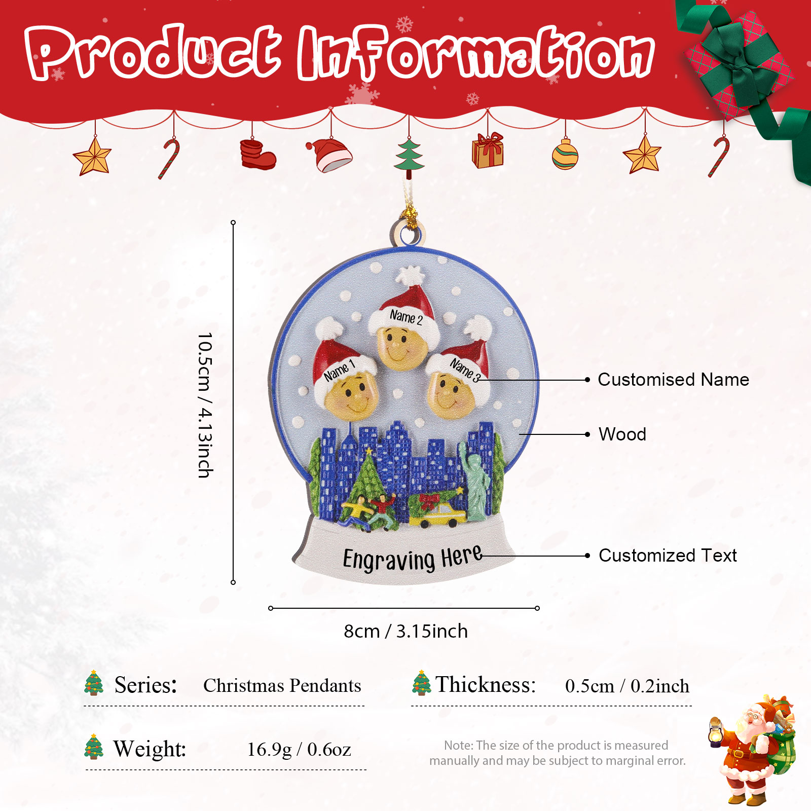 Navidad-Ornamentos Navideños de Madera Bola de cristal 3 Nombres con Texto Personalizados