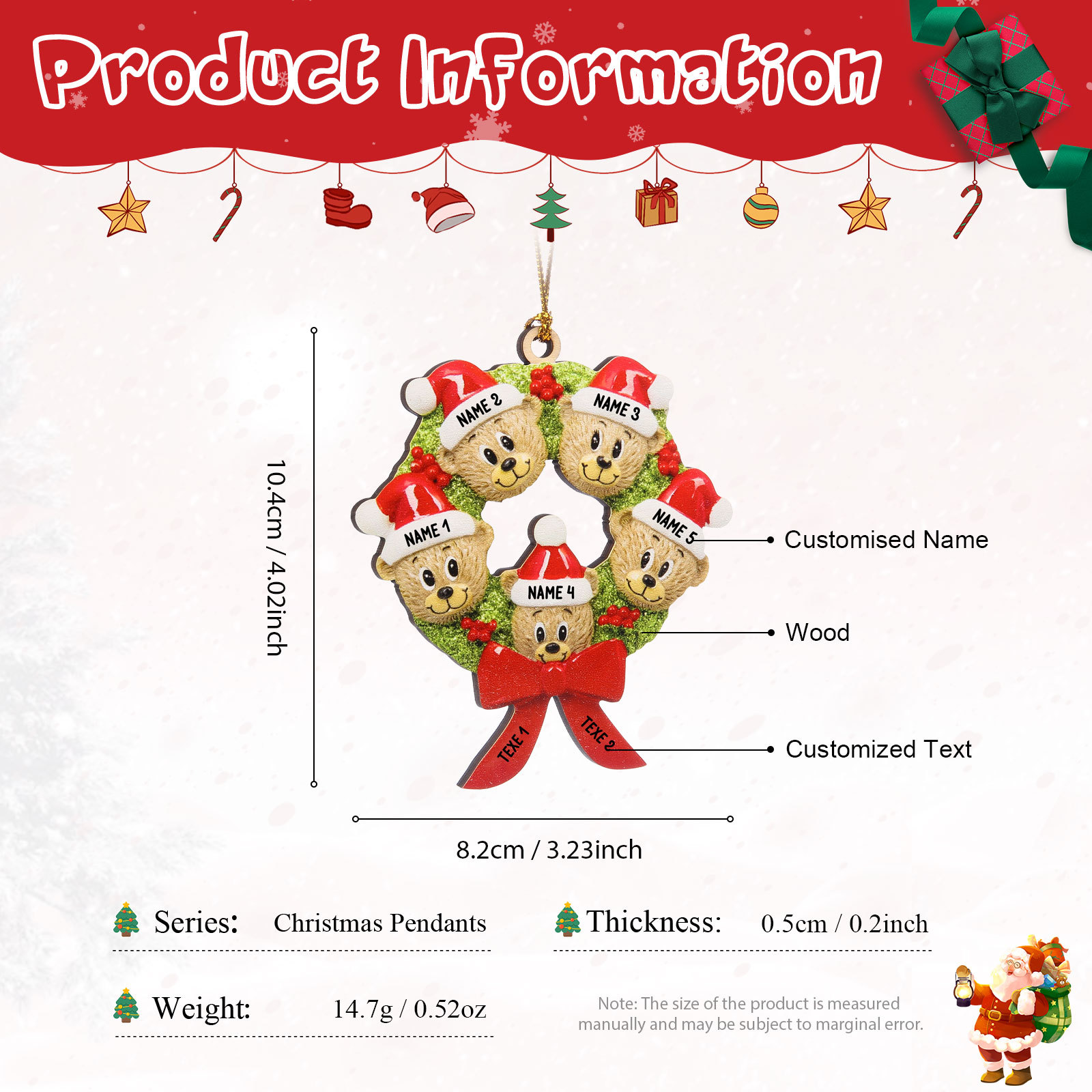 Navidad-Ornamentos Navideños de Madera Guirnalda y osos 5 Nombres con 2 Textos Personalizados