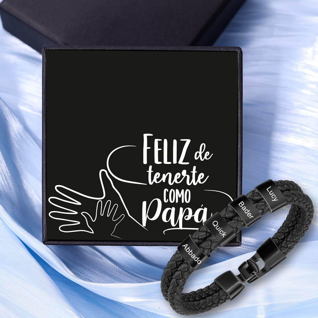 A mi papá-Pulsera de cuero trenzado 4 aros con 4 nombres personalizados pulsera de hombre -Jessemade ES