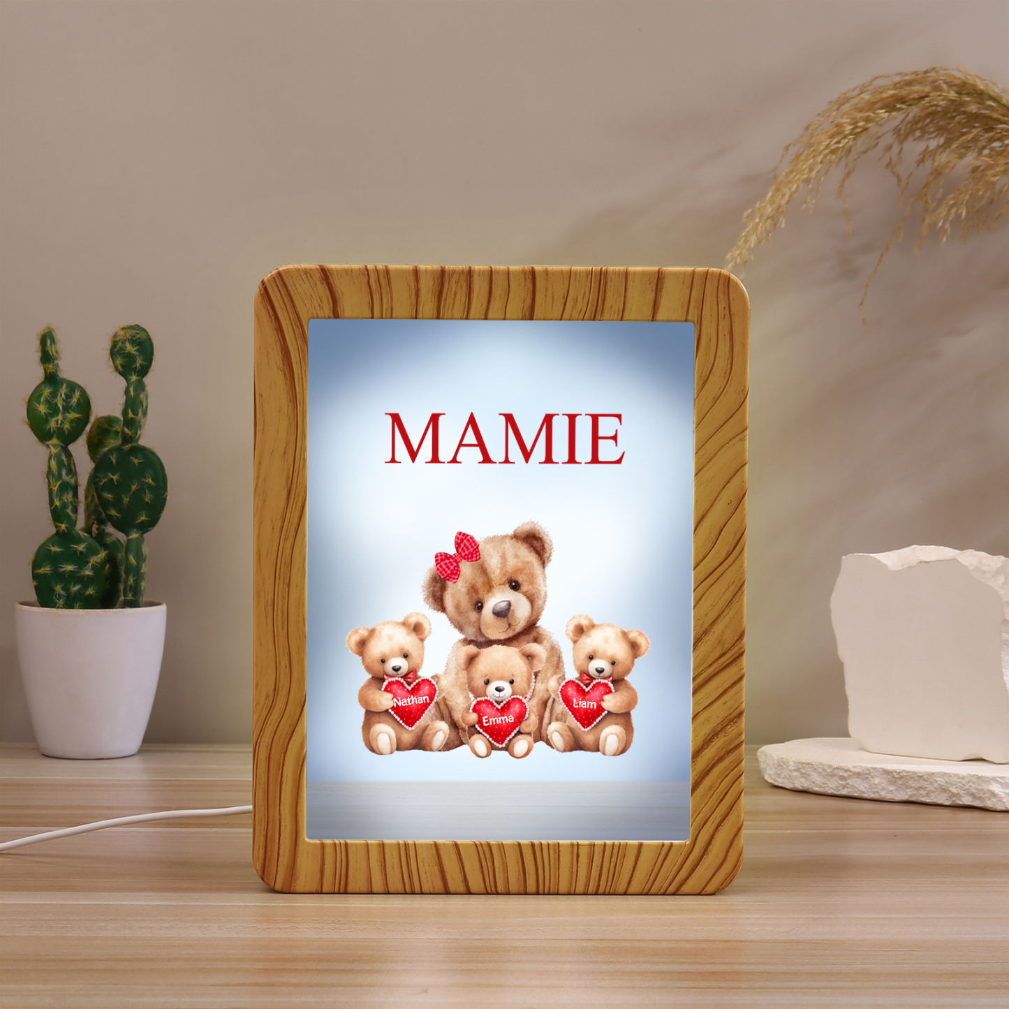 Marco/Espejo con LED Multifuncional Familia de Osos 1-4 Nombres Personalizados con 1 Texto-Jessemade ES
