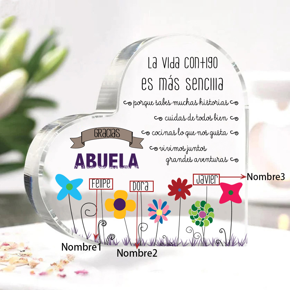Abuela - Placa de acrílico en forma de corazón flores 1-5 nombres personalizados-Jessemade ES