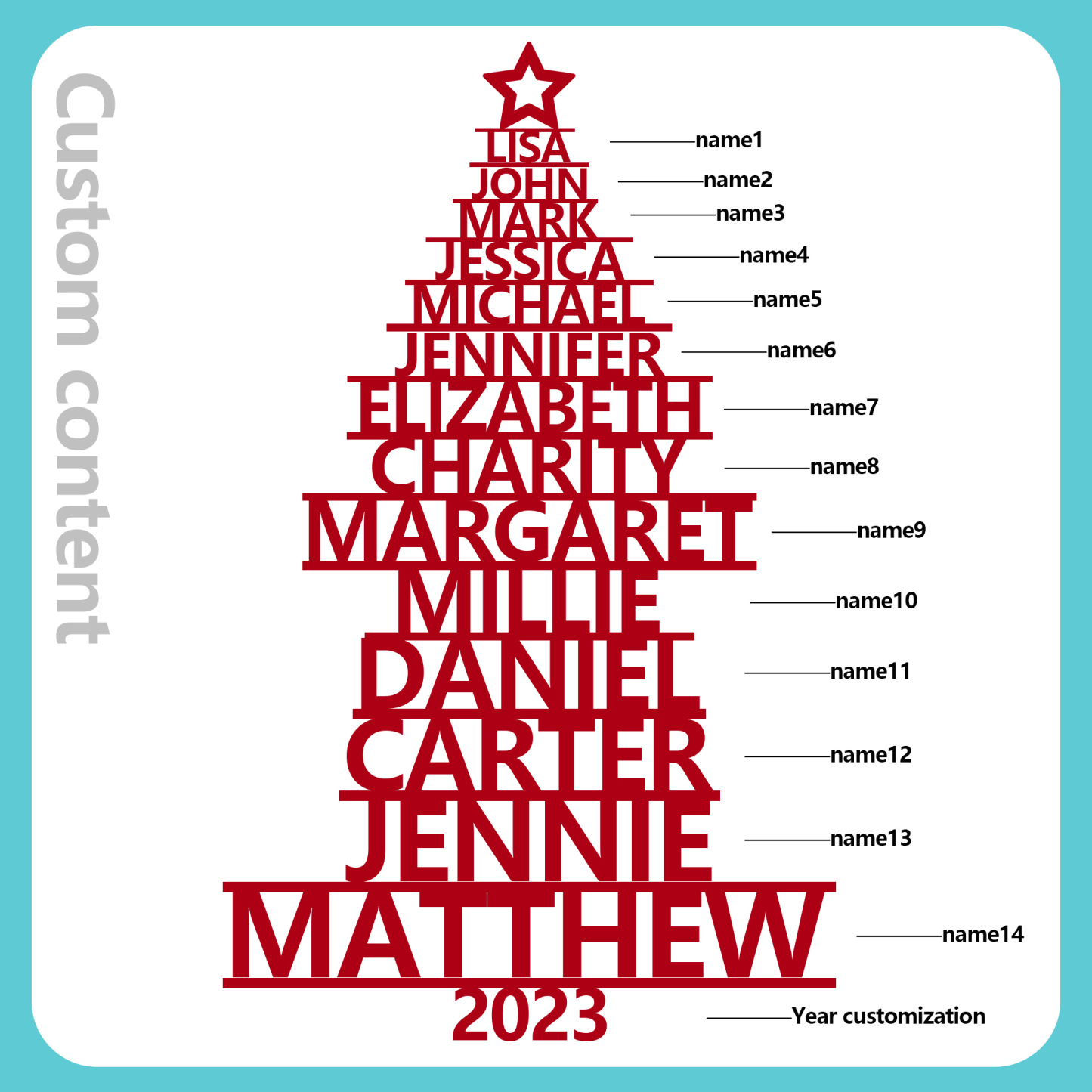 Navidad-Ornamento navideño de madera árbol de nombres con 14 nombres y año personalizados