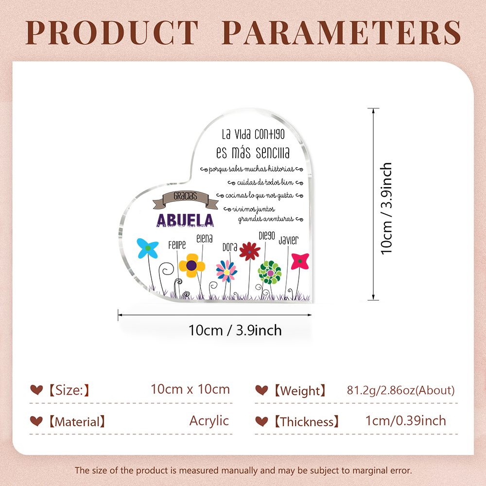 Abuela - Placa de acrílico en forma de corazón flores 1-5 nombres personalizados-Jessemade ES