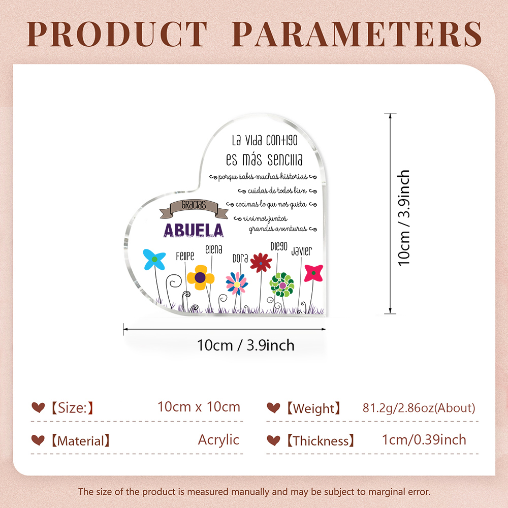 Abuela - Placa de acrílico en forma de corazón flores 1-5 nombres personalizados-Jessemade ES