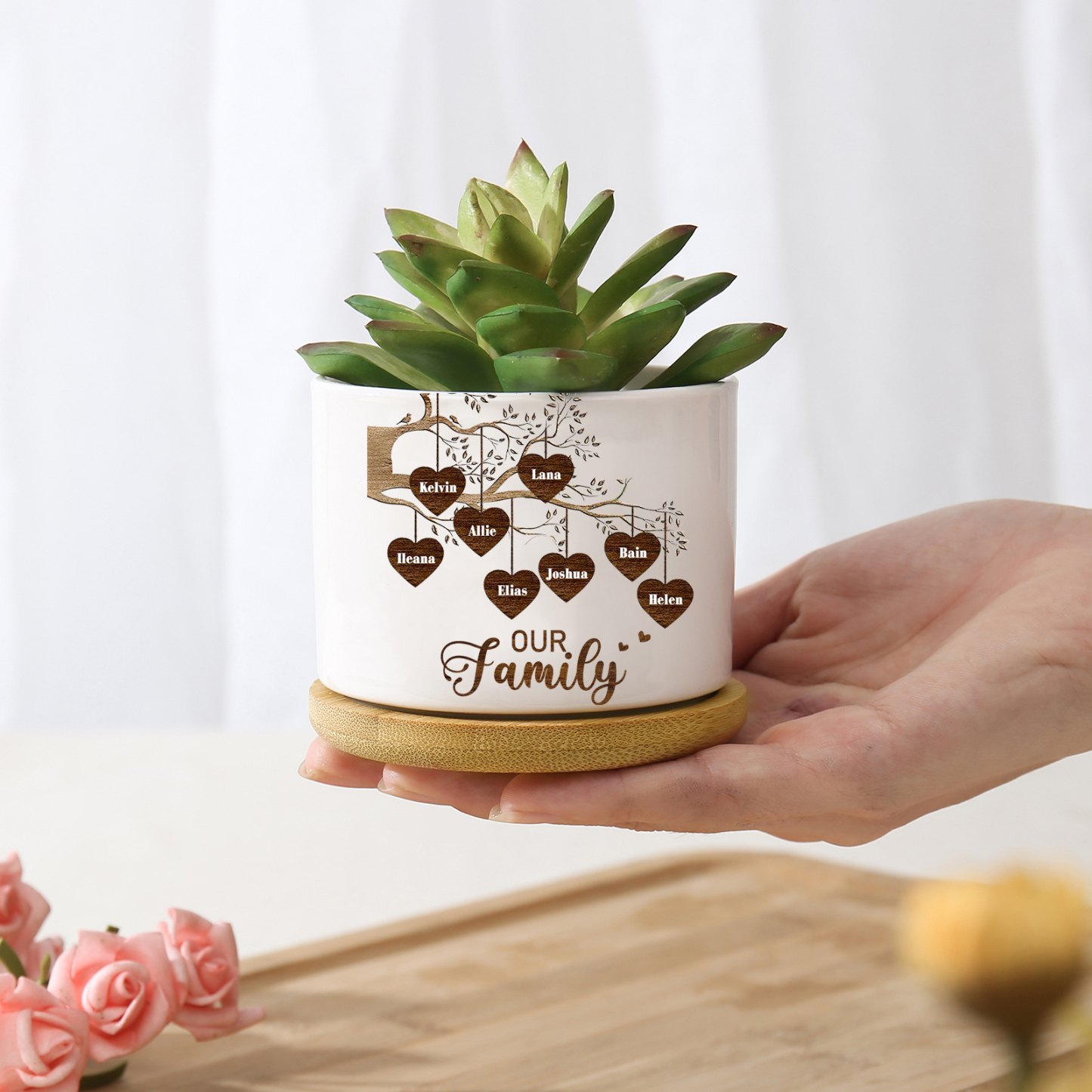Florero con base de cerámica árbol de corazones 2-8 nombres personalizados con texto decoración del hogar-Jessemade ES
