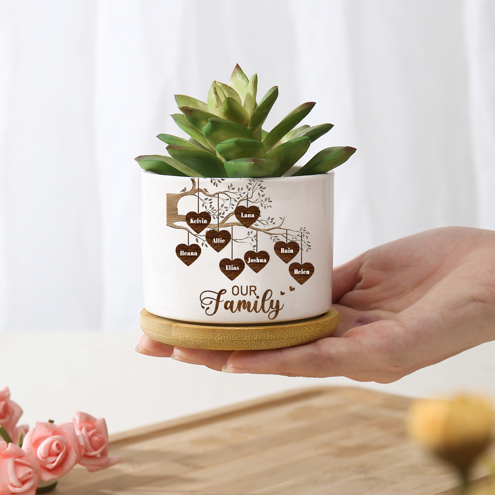 Florero con base de cerámica árbol de corazones 2-8 nombres personalizados con texto decoración del hogar-Jessemade ES
