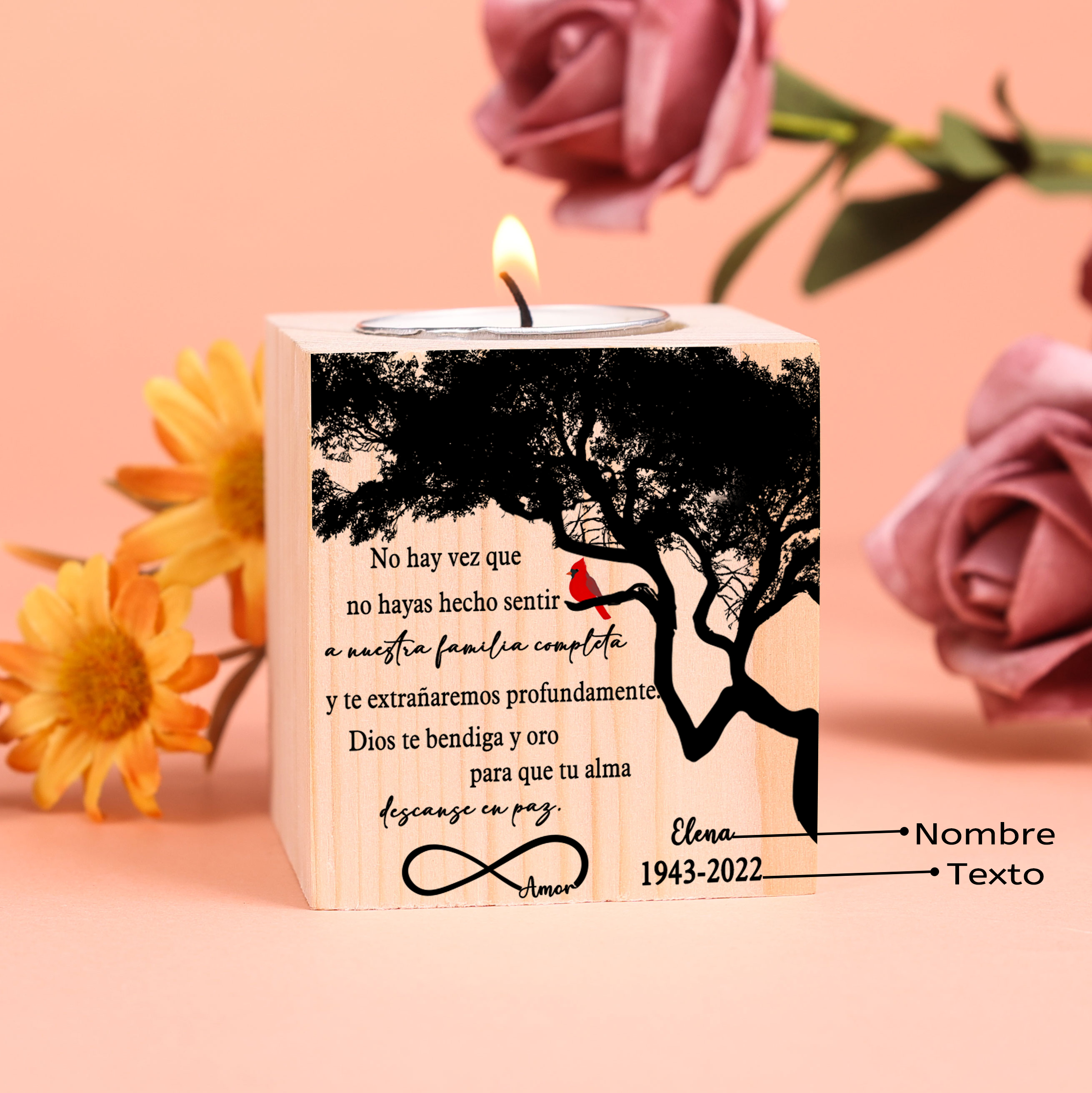 Navidad en el paraíso-Candelero en memoria de ser querido personalizado con nombre y años de madera sin vela-Jessemade ES