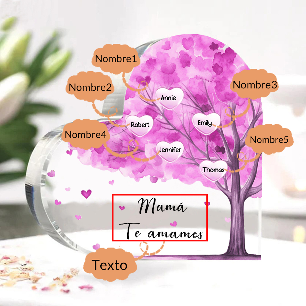 A mi mamá/abuela-Placa de acrílico "Árbol" en forma de corazón 5 nombres y 1 texto personalizados-Jessemade ES