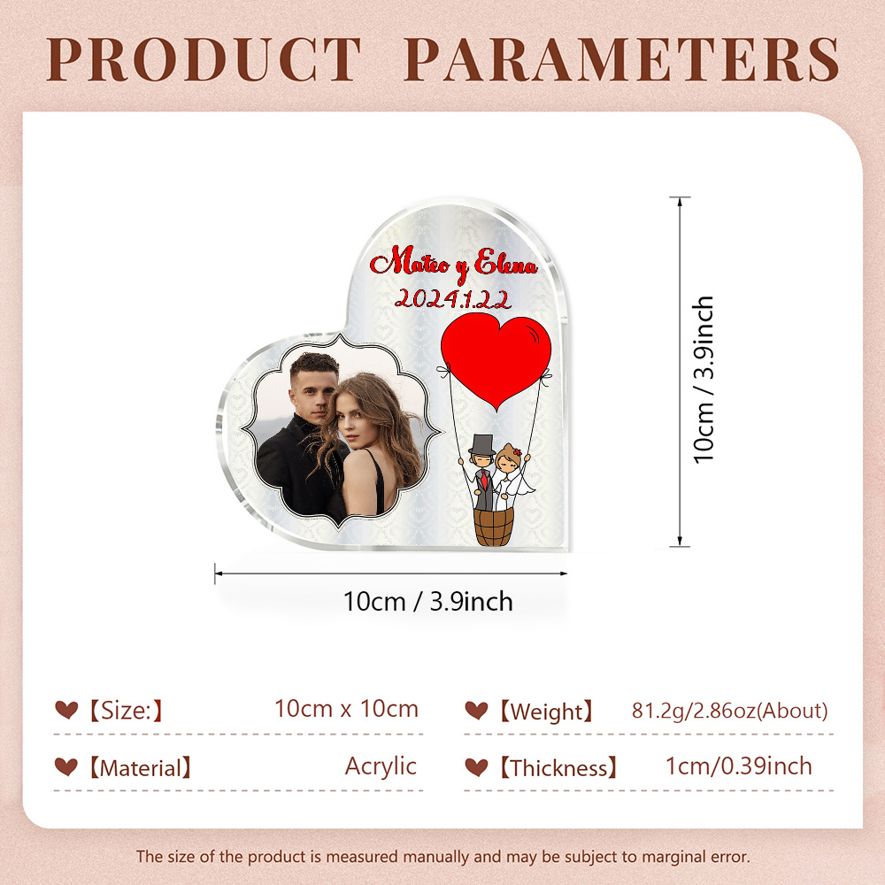 Placa de acrílico en forma de corazón con fecha, texto y foto personalizados-Jessemade ES