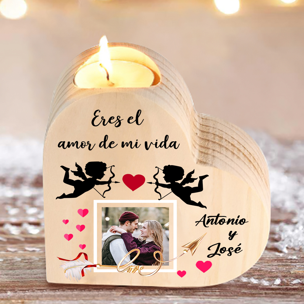 Candelero de madera Cupid para pareja sin vela personalizado con 2 nombres-Jessemade ES