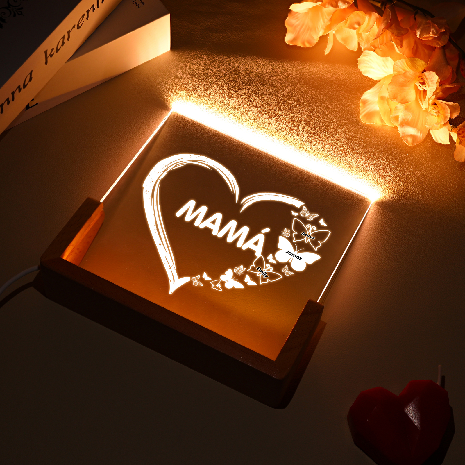A mi mamá/abuela-Lámpara Personalizada con 2-8 Nombres y 1 Texto "corazón y mariposas" 3D Ilusión Luz de Noche-Jessemade ES