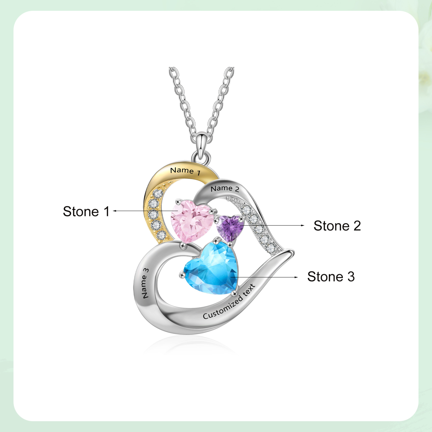 Collar corazón con 3 nombres, 1 texto y 3 piedras de nacimiento personalizados-Jessemade ES