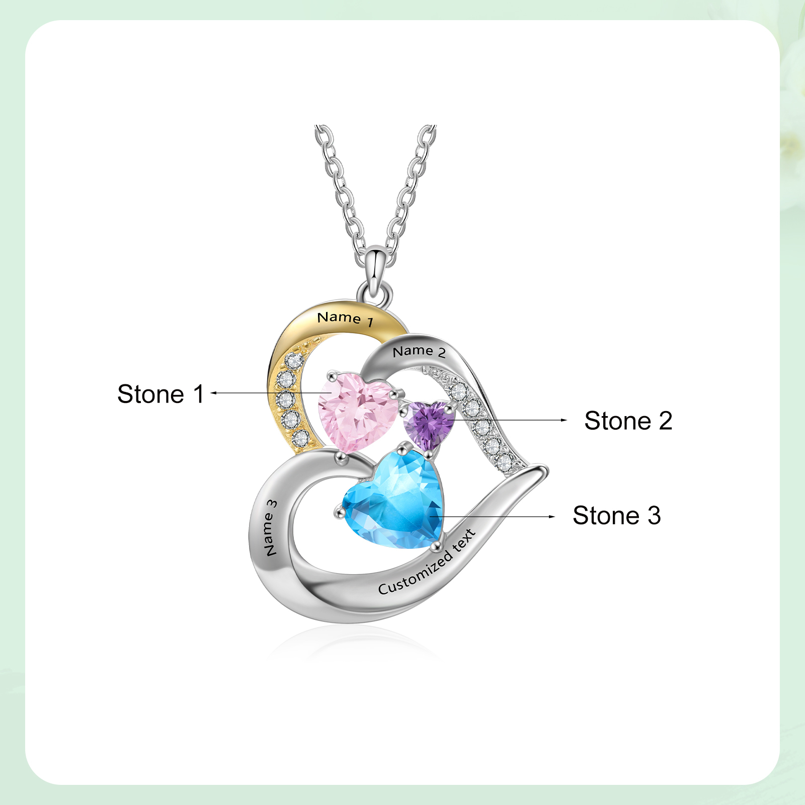 Collar corazón con 3 nombres, 1 texto y 3 piedras de nacimiento personalizados-Jessemade ES