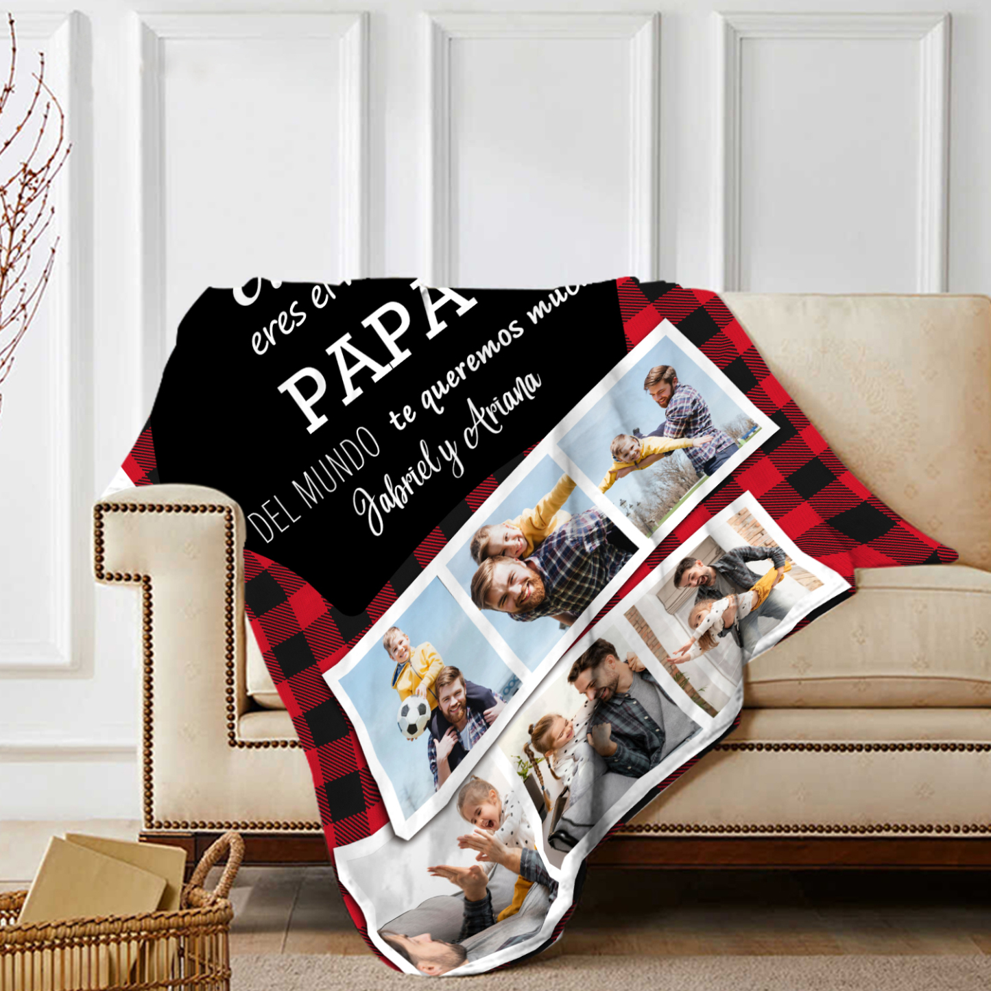 A mi padre de hij@s-Manta de buen calidad personalizada con 1 nombre, 1 texto y 6 fotos-Jessemade ES