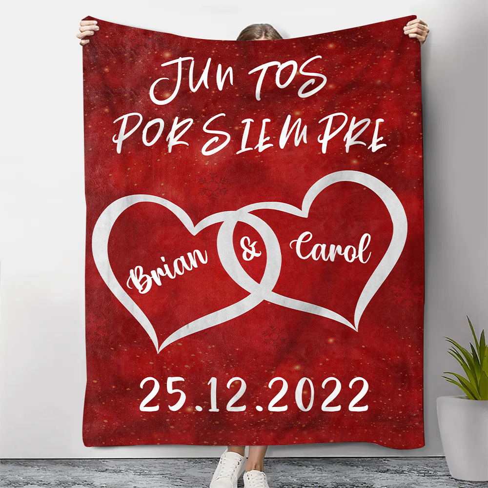 Pareja-Manta de buen calidad de corazones conectados personalizada con nombres y fecha-Jessemade ES