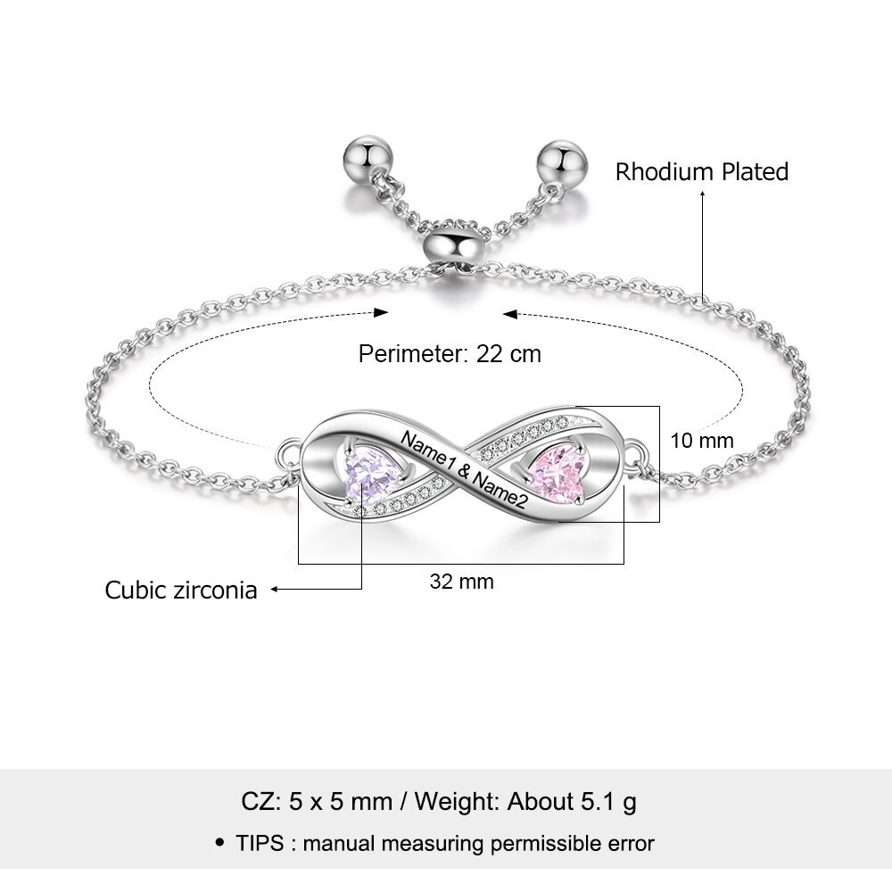 Pulsera para mujer de "infinito" con 2 nombres personalizados y 2 piedras de nacimiento | Jessemade