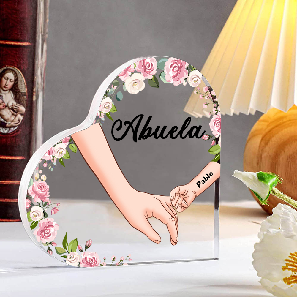 A mi mamá/abuela-Placa de acrílico en forma de corazón mano a mano con 1 texto y 1 nombre personalizado | Jessemade