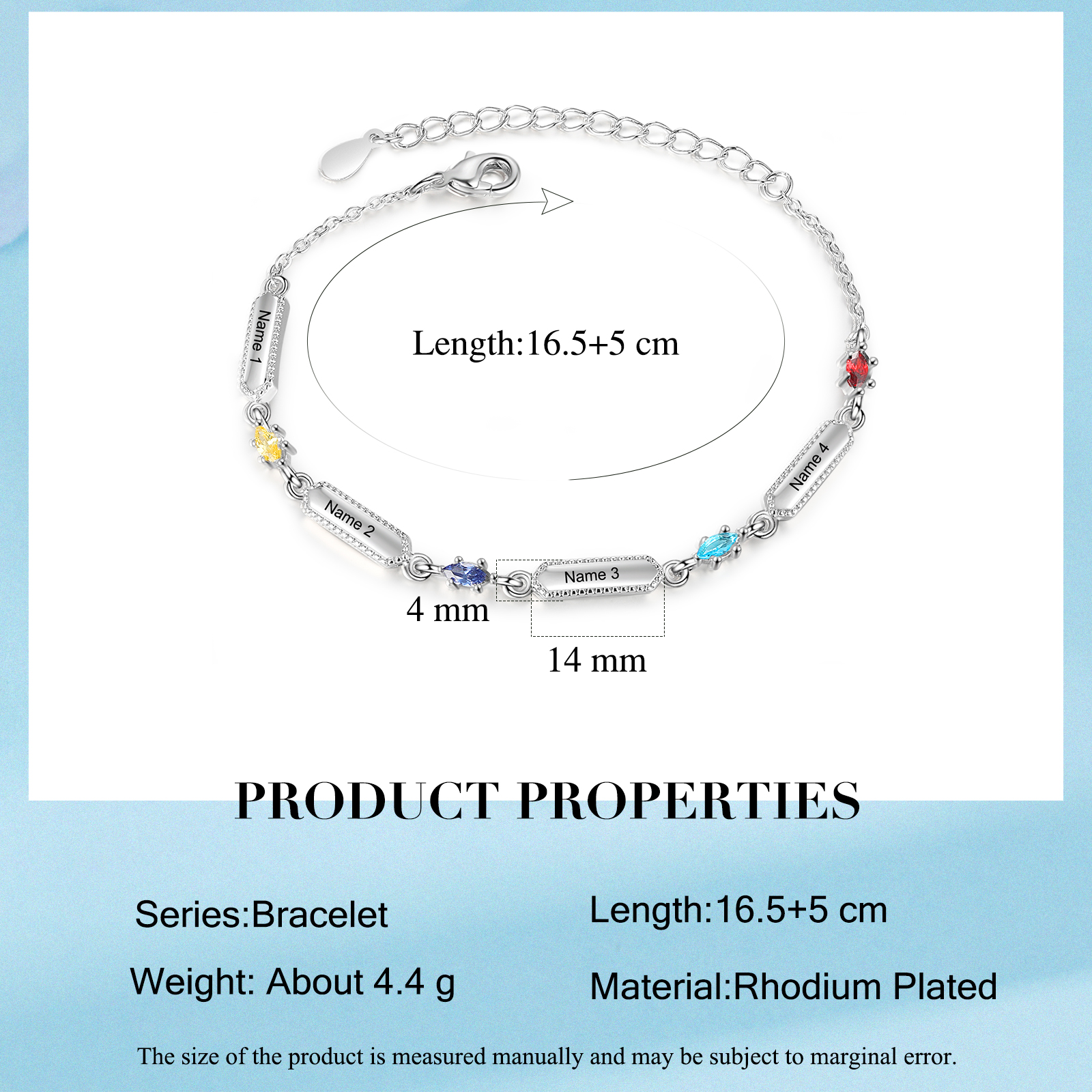 Pulsera infinito para mujer y placa personalizada con 4 nombres y 4 piedras de nacimiento-Jessemade ES
