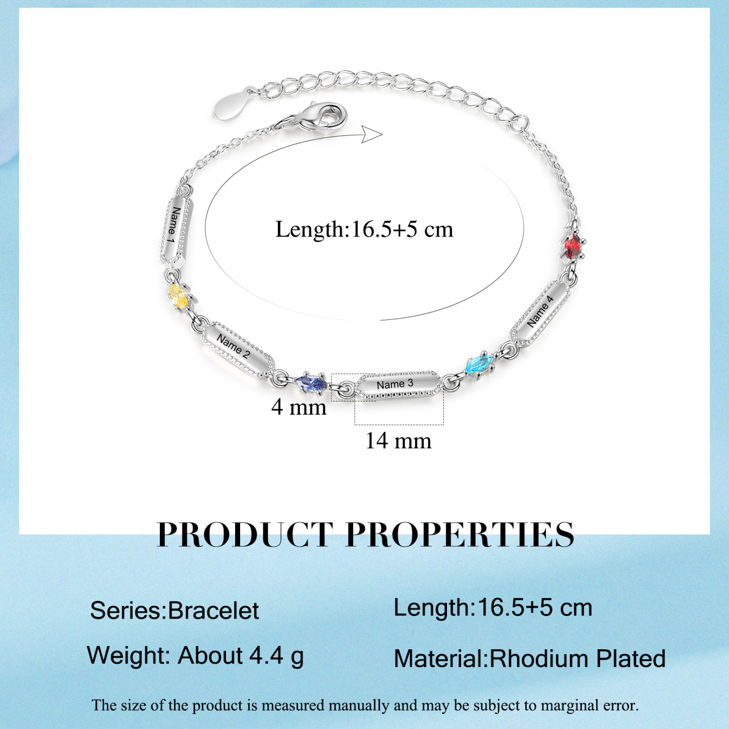 Pulsera infinito para mujer y placa personalizada con 4 nombres y 4 piedras de nacimiento-Jessemade ES
