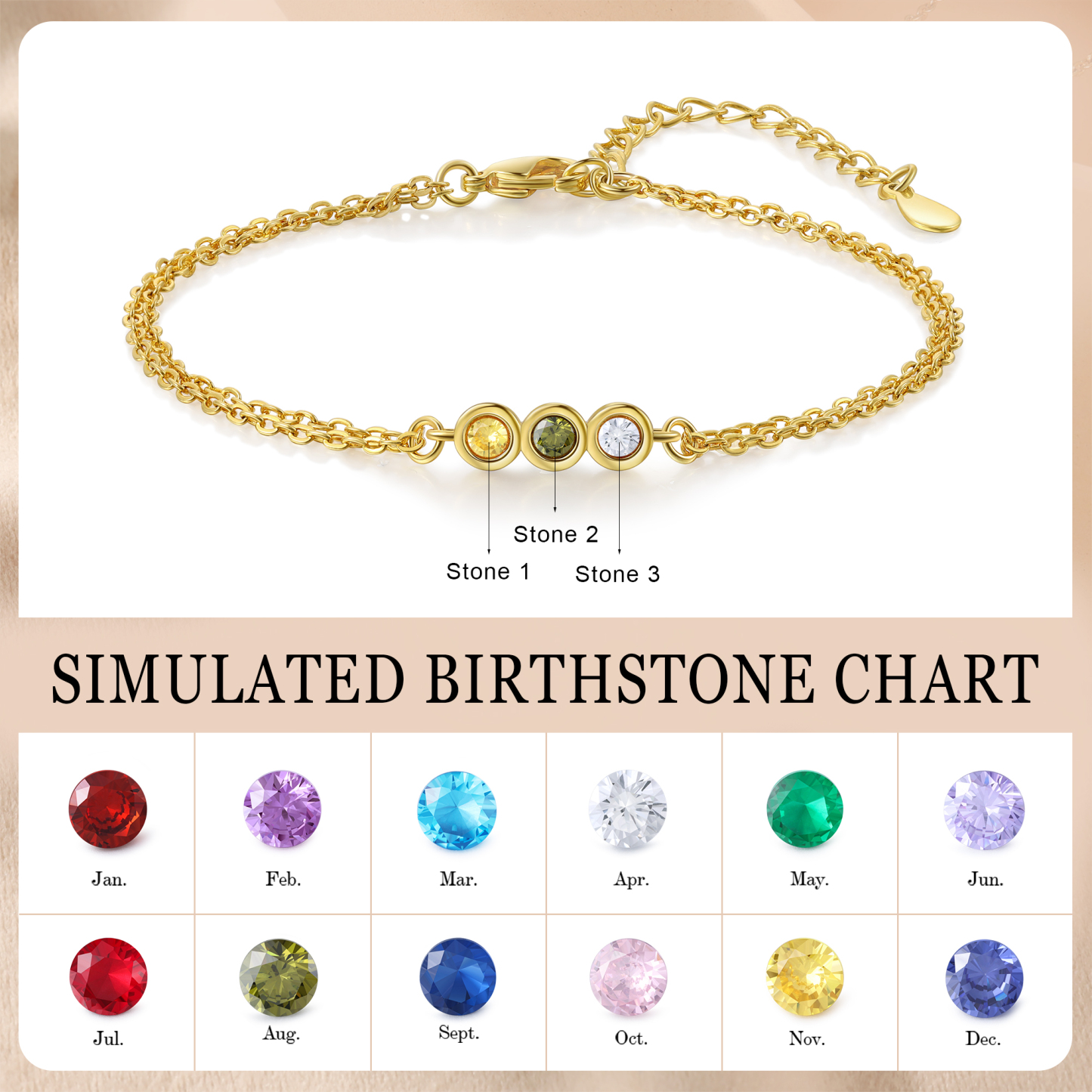 Pulsera 1-6 piedras de nacimiento personalizadas doble cadena-Jessemade ES