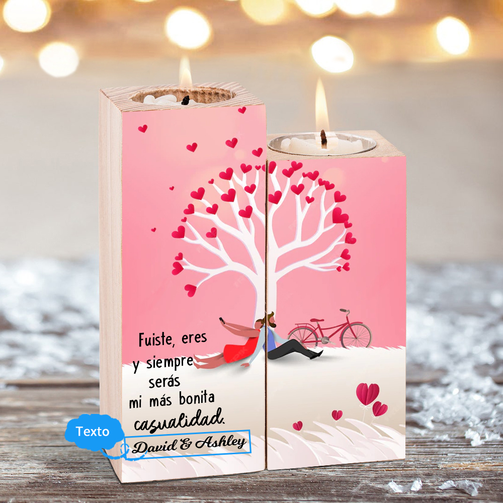 Candelero de árbol de amor para pareja de madera de dos piezas sin candela con 1 texto personalizado-Jessemade ES