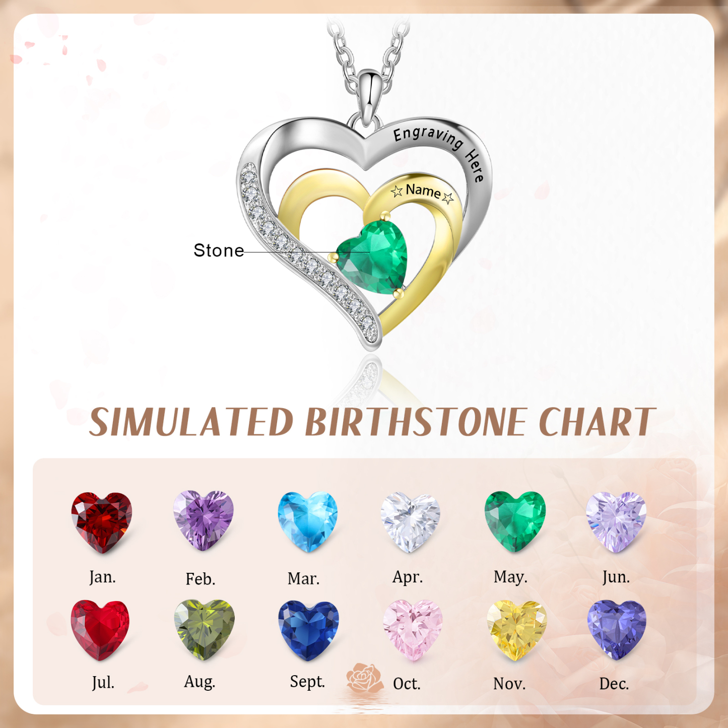 Collar en corazón con 1-3 nombres personalizados, 1-3 piedras de nacimiento y 1 texto-Jessemade ES